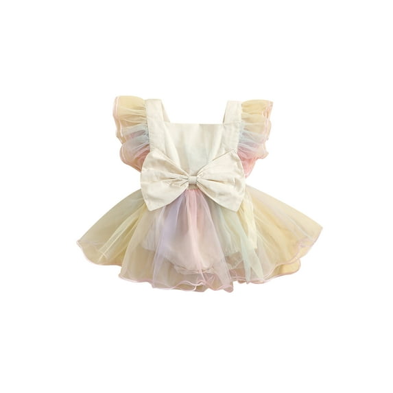 Bagilaanoe Newborn Baby Girls Romper Dress Ruffle Fly Sleeve Square Neck Mesh Bow Princess Tutu Skirt 6M 12M 18M 24M Bodysuit Dress