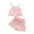 thumbnail image 1 of Bagilaanoe Newborn Baby Girls Summer OutfitS Button Ruffle Plaid Camisole Tops and Casual Shorts with Belt 3M 6M 9M 12M 18M Set, 1 of 9
