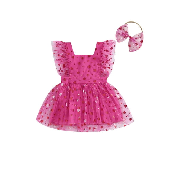 Bagilaanoe Newborn Baby Girls Summer Romper Dress Heart Print Fly Sleeve Bodysuit Headband 3M 6M 12M 18M Infant A-line Tulle Princess Dresses