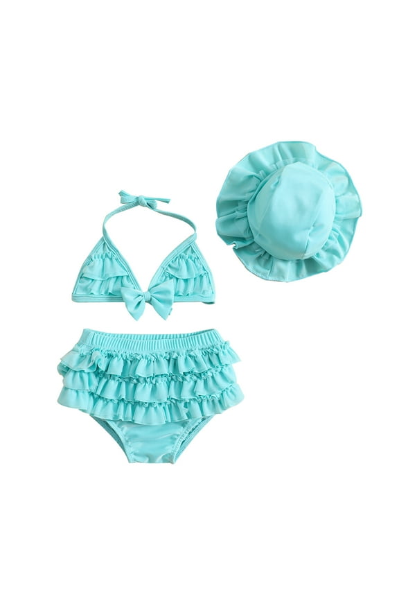 Newborn Baby Girls Swimsuits 3 Piece Bikinis Set Ruffle Sleeveless Tops + Shorts + Hat 6M 12M 18M 24M Infant Swimwear Bathing Suit Beachwear
