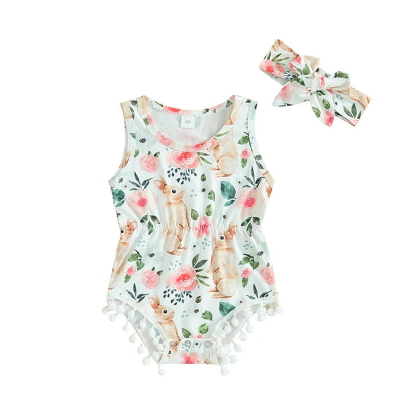 Bagilaanoe Newborn Easter Clothes Baby Girl Rompers Floral Print Sleeveless Bodysuits + Headband 3M 6M 12M 18M Infant Summer One Piece Jumpsuit