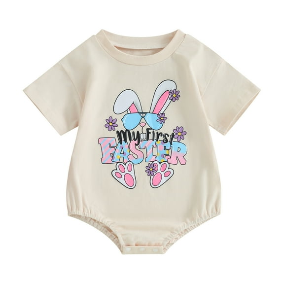 Bagilaanoe Newborn Easter Outfits Baby Girl Boy Rompers Letter Print Short Sleeve Bodysuits 3M 6M 12M 18M Infant Casual One Piece Short Jumpsuit