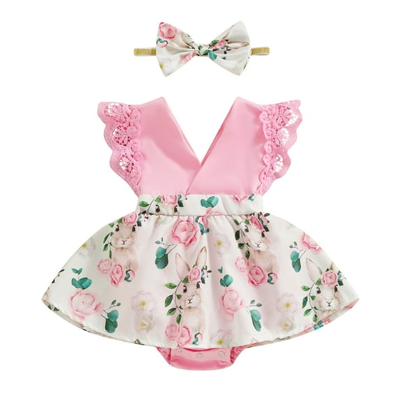Bagilaanoe Newborn Easter Outfits Baby Girl Rompers Dress Floral Print Fly Sleeve Bodysuits + Headband 3M 6M 12M 18M Infant Patchwork A-line Dresses