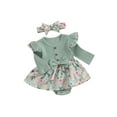 thumbnail image 1 of Bagilaanoe Newborn Easter Outfits Baby Girl Rompers Dress Flower Print Long Sleeve Bodysuits + Headband 3M 6M 9M 12M 18M Infant Patchwork A-line Dresses, 1 of 9