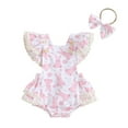 thumbnail image 1 of Bagilaanoe Newborn Easter Outfits Baby Girl Rompers Dress Print Fly Sleeve Bodysuits + Headband 3M 6M 12M 18M Infant Patchwork A-line Dresses, 1 of 8