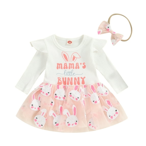 Bagilaanoe Newborn Easter Outfits Baby Girl Rompers Dress Print Long Sleeve Bodysuits + Headband 3M 6M 12M 18M 24M Infant Patchwork A-line Dresses
