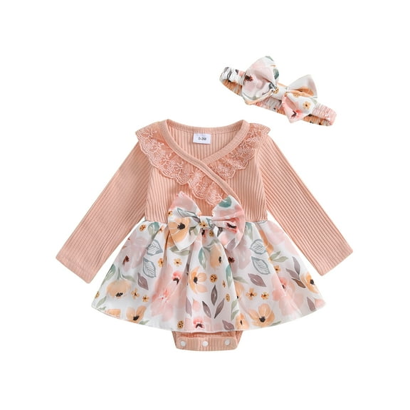 Bagilaanoe Newborn Fall Clothes Baby Girl Rompers Dress Floral Print Long Sleeve Bodysuits Headband 3M 6M 12M 18M Infant Patchwork A-line Dresses