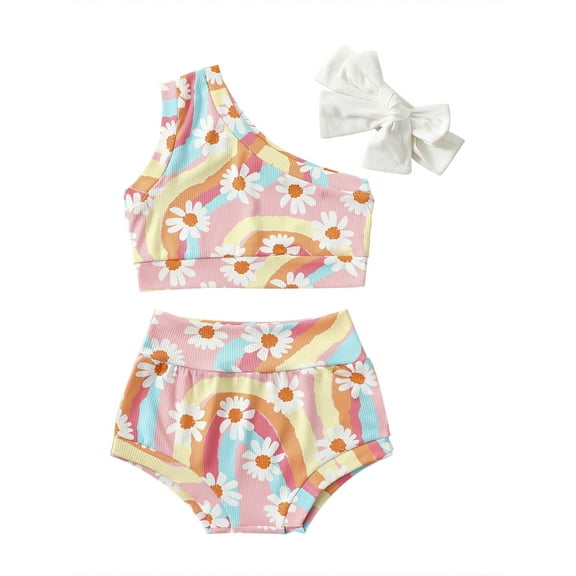 Bagilaanoe Newborn Girls Swimsuits 3 Piece Bikinis Set Rainbow Print Sleeveless Tops   Shorts   Headband 6M 12M 18M 24M Infant Swimwear Bathing Suit Beachwear
