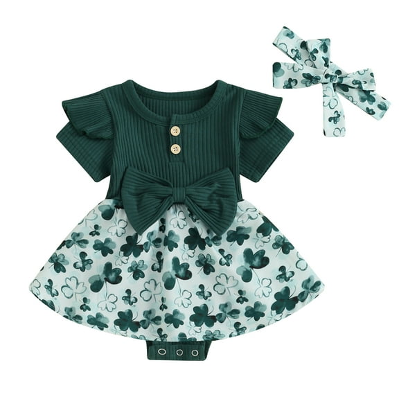 Bagilaanoe Newborn Holiday Outfits Baby Girl Rompers Dress Print Short Sleeve Bodysuits + Headband 3M 6M 9M 12M 18M Infant Patchwork A-line Dresses