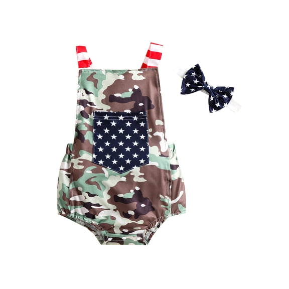 Bagilaanoe  Newborn Infant Baby Girl Boy 4th of July Romper America National Flag Print Sleeveless Halter Independence Jumpeuit Outfits