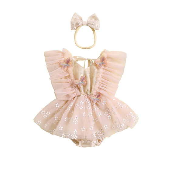 Bagilaanoe Newborn Summer Outfits Baby Girl Rompers Dress Butterfly Floral Print Fly Sleeve Bodysuits   Headband 3M 6M 12M 18M Infant Tulle Patchwork A-line Dresses