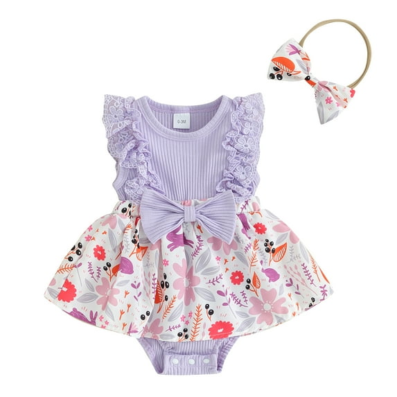 Bagilaanoe Newborn Summer Outfits Baby Girl Rompers Dress Floral Print Fly Sleeve Bodysuits + Headband 3M 6M 9M 12M 18M Infant Patchwork A-line Dresses