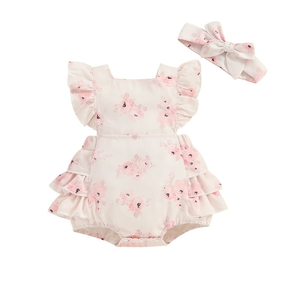 Bagilaanoe Newborn Summer Outfits Baby Girl Rompers Dress Flower Print Sleeveless Bodysuits   Headband 3M 6M 12M 18M Infant Patchwork A-line Dresses