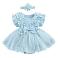 thumbnail image 1 of Bagilaanoe Newborn Summer Outfits Baby Girl Rompers Dress Fly Sleeve Bodysuits + Headband 3M 6M 12M 18M Infant Lace Patchwork A-line Dresses, 1 of 8