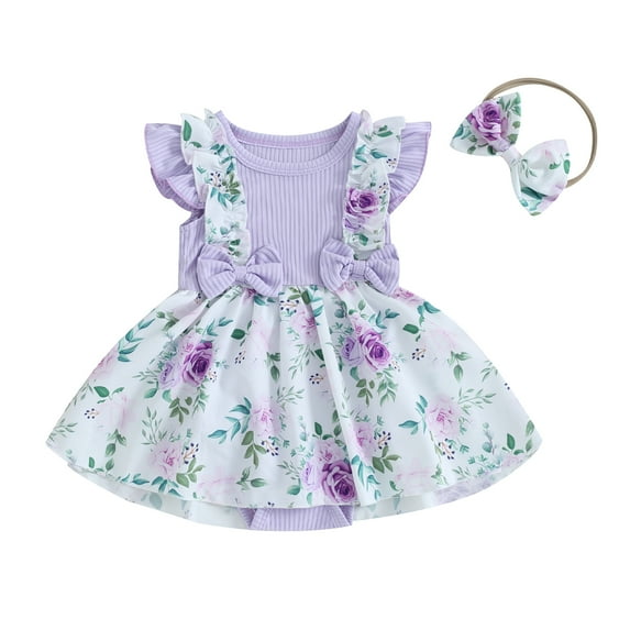 Bagilaanoe Newborn Summer Outfits Baby Girl Rompers Dress Print Sleeveless Bodysuits + Headband 3M 6M 12M 18M Infant Patchwork A-line Dresses