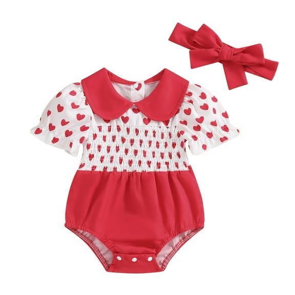 Bagilaanoe Newborn Valentine's Day Baby Girl Rompers Heart Print Short Sleeve Bodysuits   Headband 3M 6M 12M 18M Infant One Piece Jumpsuit