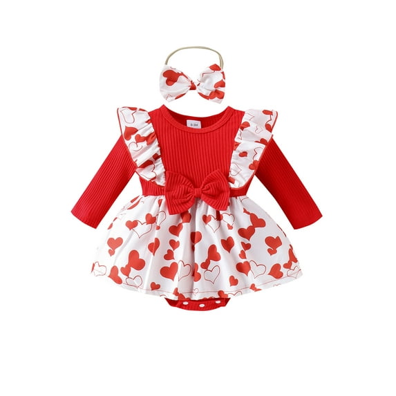 Bagilaanoe Newborn Valentine's Day Outfits Baby Girl Rompers Dress Heart Print Long Sleeve Bodysuit + Headband 3M 6M 12M 18M Infant Patchwork A-line Dresses