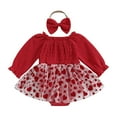 thumbnail image 1 of Bagilaanoe Newborn Valentine's Day Outfits Baby Girl Rompers Dress Heart Print Long Sleeve Bodysuits + Headband 3M 6M 9M 12M Infant Patchwork A-line Dresses, 1 of 6
