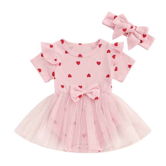 Bagilaanoe Newborn Valentine's Day Outfits Baby Girl Rompers Dress Heart Print Short Sleeve Bodysuits + Headband 3M 6M 12M 18M Infant Patchwork A-line Dresses