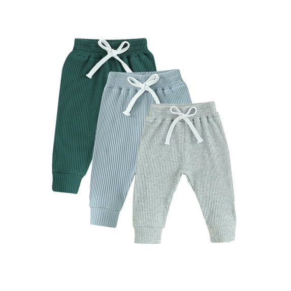 Bagilaanoe Pack of 3 Pants Toddler Baby Boy Girls Long Pants Winter Solid Color Ribbed Bottom 6M 12M 18M 24M 3T Kids Knitted Sweatpants
