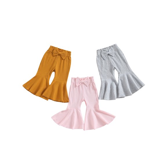 Bagilaanoe Packs of 3 Toddler Baby Girl Flare Pants Solid Color Ribbed Trousers 6M 12M 18M 24M 3T Kids Elastic Waist Fall Bell Bottom Casual Leggings