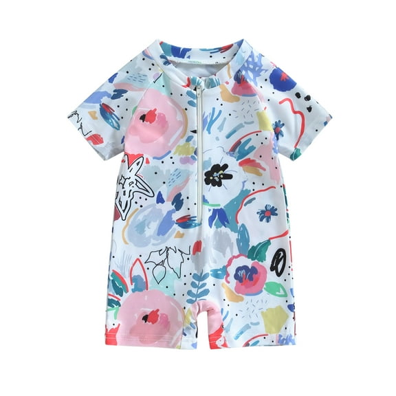 Bagilaanoe Print Short Sleeve Zipper Rashguard One-Piece Swimsuit (Boy’s, Sizes 6M-3T)