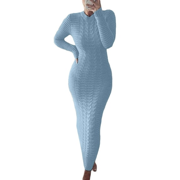 Bagilaanoe Slim Fit Knit Sweater Dresses for Women Elegant Long Sleeve Ribbed Bodycon Dress Fall Round Neck Party Long Fall Winter Dress Long Club Party One-Piece