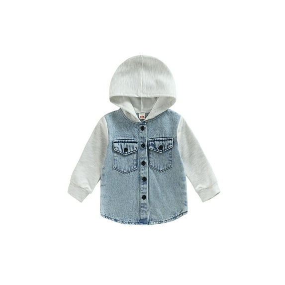 Bagilaanoe Toddler Baby Boy Hooded Jacket Denim Patchwork Long Sleeve Single-Breasted Shacket with Pockets 6M 12M 18M 24M 3T 4T Kids Fall Casual Outwear