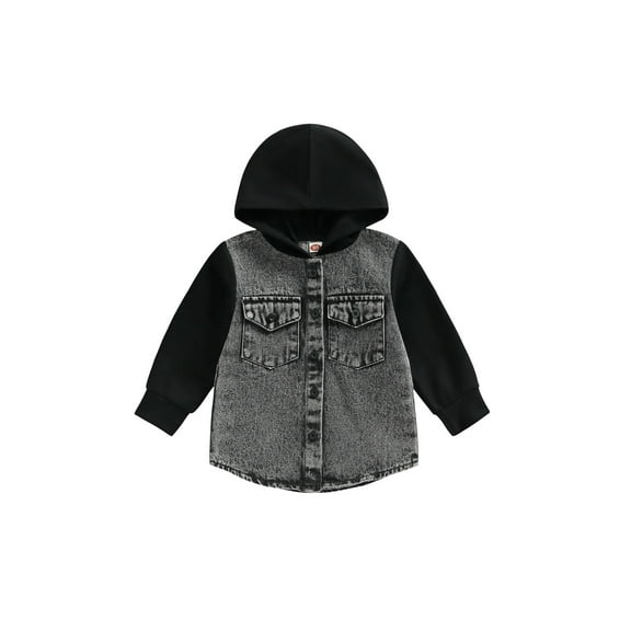 Bagilaanoe Toddler Baby Boy Hooded Jacket Denim Patchwork Long Sleeve Single-Breasted Shacket with Pockets 6M 12M 18M 24M 3T 4T Kids Fall Casual Outwear