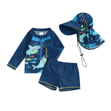 Bagilaanoe Toddler Baby Boy Long Sleeve Zipper Rashguard Swimwear Set, 3-pcs, Blue