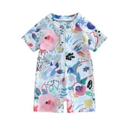 Bagilaanoe Toddler Baby Boys Girl One-Piece Swimsuit Print Short Sleeve Zipper Rashguard Swimwear 6M 12M 18M 24M 3T Kids Sun Protection Bathing Suit