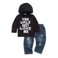 thumbnail image 1 of Bagilaanoe Toddler Baby Boys Long Pants Set Letter Print Long Sleeve Hooded Pullover Tops + Ripped Jeans 3T 4T 5T Kids Casual Sweatsuits, 1 of 8