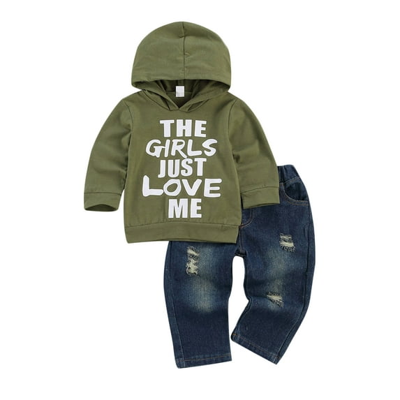Bagilaanoe Toddler Baby Boys Long Pants Set Letter Print Long Sleeve Hooded Pullover Tops + Ripped Jeans 3T 4T 5T Kids Casual Sweatsuits