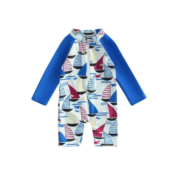 Bagilaanoe Toddler Baby Boys One-Piece Swimsuit Print Long Sleeve Zipper Rashguard Swimwear 6M 9M 12M 18M 24M 3T Kids Bathing Suit