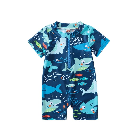 Bagilaanoe Toddler Baby Boys One-Piece Swimsuit Print Short Sleeve Zipper Rashguard Swimwear 3M 6M 12M 18M Infant Bathing Suit Beachwear