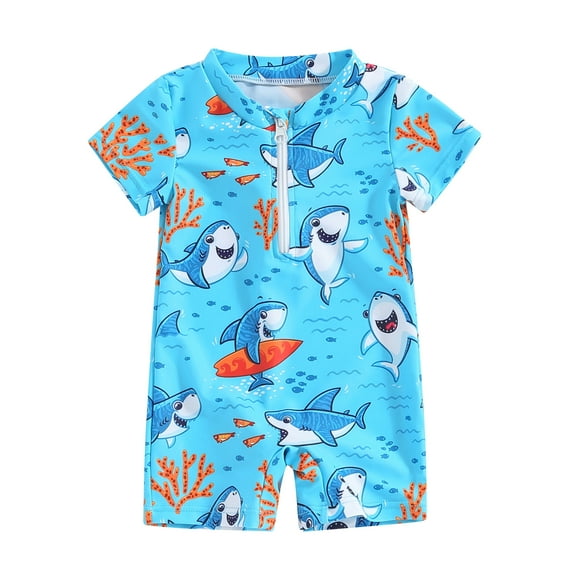 Bagilaanoe Toddler Baby Boys One-Piece Swimsuit Print Short Sleeve Zipper Rashguard Swimwear 3M 6M 12M 2T 3T Kids Jumpsuit Bathing Suit