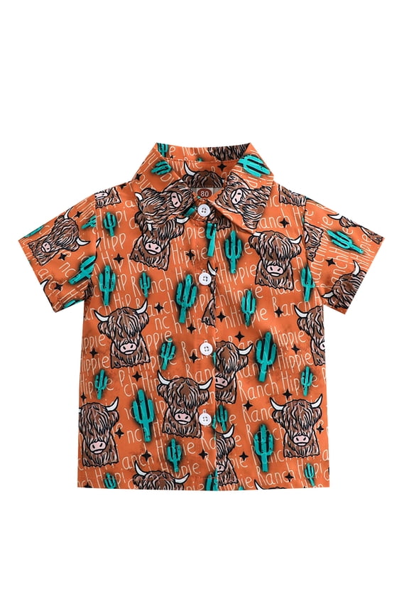 Toddler Baby Boys Short Sleeve Shirts Button Up T-shirt 3M 6M 12M1 8M 24M 3T Kids Cow Print Lapel Casual Tops