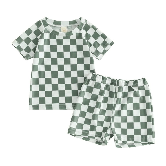 Bagilaanoe Toddler Baby Boys Swimsuits 2 Piece Bathing Suit Set Checkerboard Short Sleeve Tops + Swim Shorts 6M 12M 18M 24M 3T 4T Kids Swimwear Beachwear