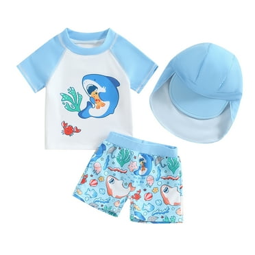 Bagilaanoe Toddler Baby Boys Swimsuits 3 Piece Bathing Suit Set Print Short Sleeve Rashguard Tops + Shorts + Hat 6M 12M 18M 24M 3T Kids Swimwear Bathing Suit Beachwear