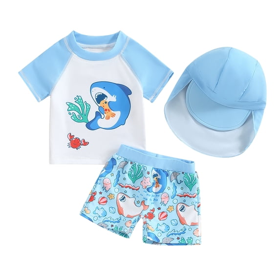 Bagilaanoe Toddler Baby Boys Swimsuits 3 Piece Bathing Suit Set Print Short Sleeve Rashguard Tops + Shorts + Hat 6M 12M 18M 24M 3T Kids Swimwear Bathing Suit Beachwear