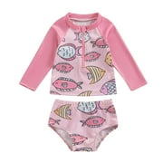 Bagilaanoe Toddler Baby Girl 2 Piece Swimsuit Print Long Sleeve Zipper Rashguard Swimwear + Swimming Shorts 6M 12M 18M 24M 3T 4T 5T Kids Bathing Suit