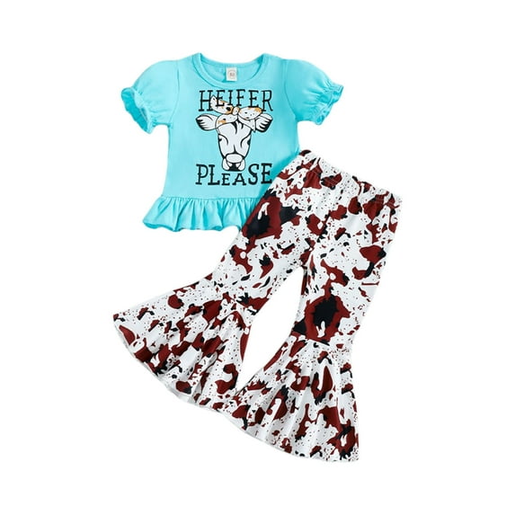 Bagilaanoe Toddler Baby Girl 2Pcs Outfits Cow Print Short Sleeve T-Shirt Tops + Flared Pant Set Summer Clothes