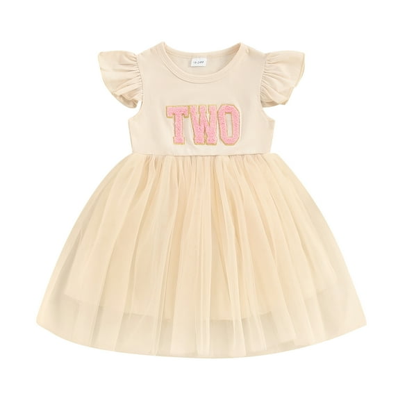 Bagilaanoe Toddler Baby Girl Birthday Dress Letters Embroidery Fly Sleeve A-line Princess Dresses 18M 24M 3T 4T Kid Patchwork Tulle Skirt