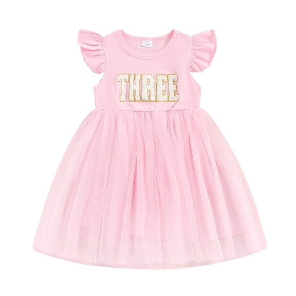 Bagilaanoe Toddler Baby Girl Birthday Dress Letters Embroidery Fly Sleeve A-line Princess Dresses 18M 24M 3T 4T Kid Patchwork Tulle Skirt