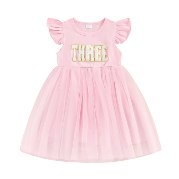 Bagilaanoe Toddler Baby Girl Birthday Dress Letters Embroidery Fly Sleeve A-line Princess Dresses 18M 24M 3T 4T Kid Patchwork Tulle Skirt
