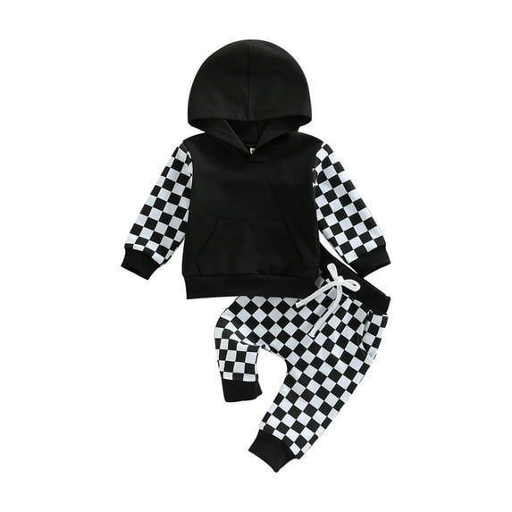 Bagilaanoe Toddler Baby Girl Boy Long Pants Set Checkerboard Print Long Sleeve Hoodie Pullover Tops + Sweatpants 6M 12M 18M 24M 3T Kids Casual Sweatsuits