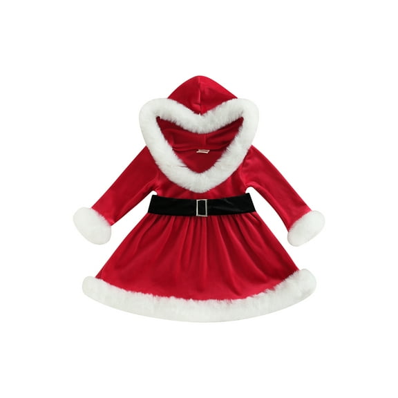 Bagilaanoe Toddler Baby Girl Christmas Costume Long Sleeve Plush Patchwork A-Line Dress with Belt 12M 18M 24M 3T 4T 5T 6T Kids Cosplay Party Dress UP
