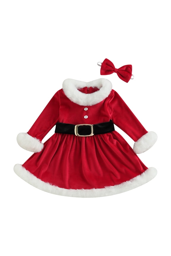 Toddler Baby Girl Christmas Costume Plush Patchwork Long Sleeve A-line Dress with Belt + Headband 12M 18M 24M 3T 4T 5T 6T Kids Cosplay Party Dress UP