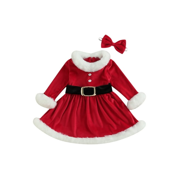 Bagilaanoe Toddler Baby Girl Christmas Costume Plush Patchwork Long Sleeve A-line Dress with Belt + Headband 12M 18M 24M 3T 4T 5T 6T Kids Cosplay Party Dress UP