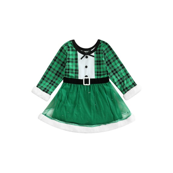 Bagilaanoe Toddler Baby Girl Christmas Dress Long Sleeve A-line Party Dresses 1T 2T 3T 4T 5T 6T Kids Plaid Plush Patchwork Mesh Tulle Dress